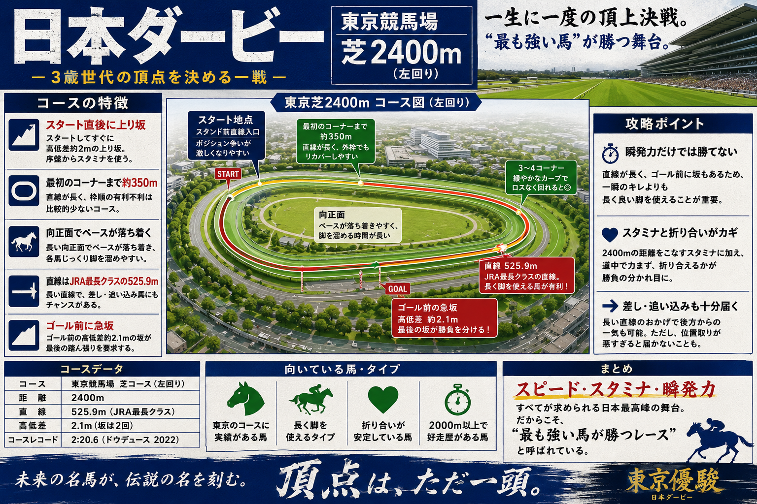 日本ダービー 東京競馬場 芝2400m（左回り）コース解説。コースの特徴・攻略ポイント・向いている馬のタイプをまとめたインフォグラフィック