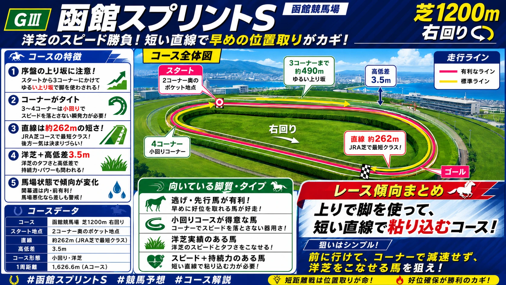 函館スプリントS 函館競馬場 芝1200m（右回り）コース解説。コースの特徴・向いている脚質・タイプをまとめたインフォグラフィック