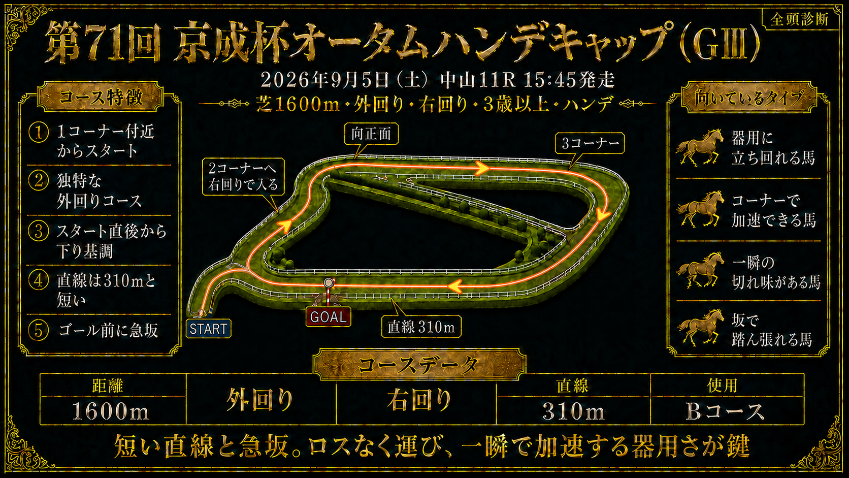 中山競馬場 芝1600m外回りコース図（右回り・直線310m・ゴール前に急坂）