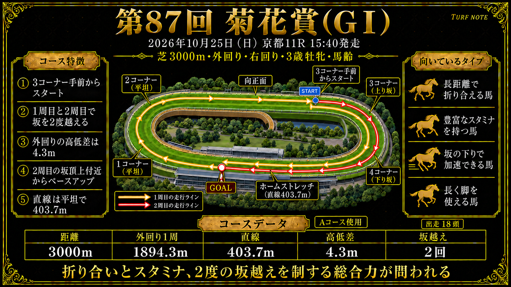 京都競馬場 芝3000m外回りコース図（3コーナー手前から発走・坂を2度越える・外回りの高低差4.3m・2周目の坂の頂上付近からペースアップ・直線403.7mで平坦・外回り1周1894.3m・Aコース）